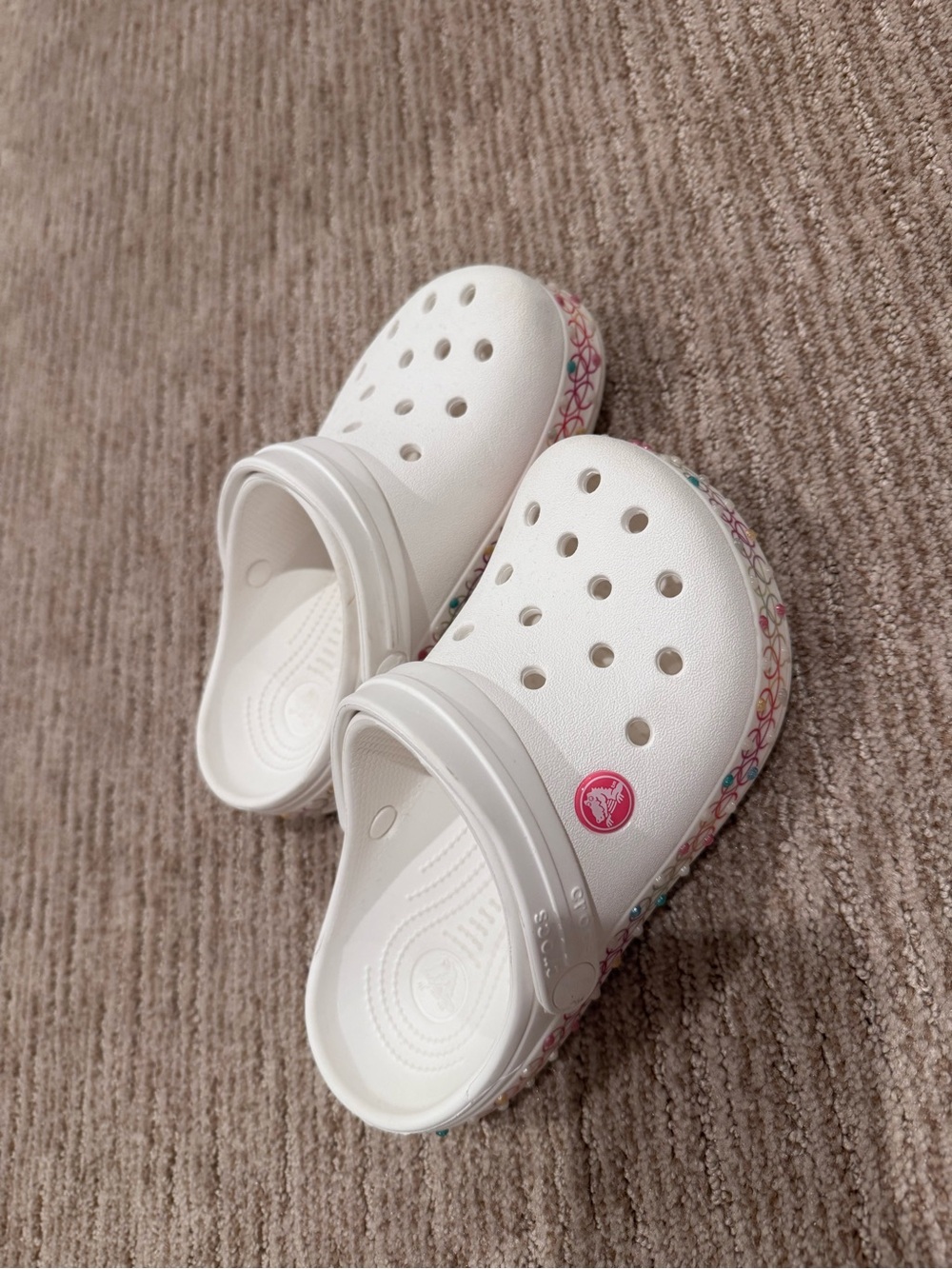 CROCS Kids White Clogs with Pink Logo and Multicolor Trim